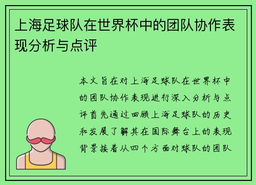 上海足球队在世界杯中的团队协作表现分析与点评